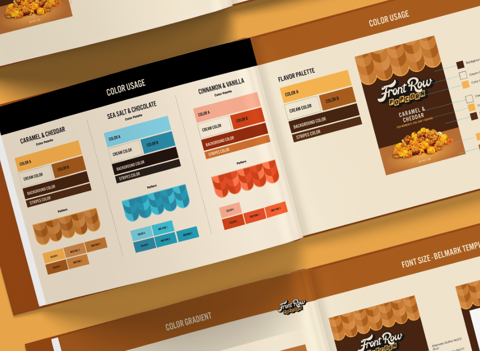 Front Row Popcorn brand book — color palette and pattern system