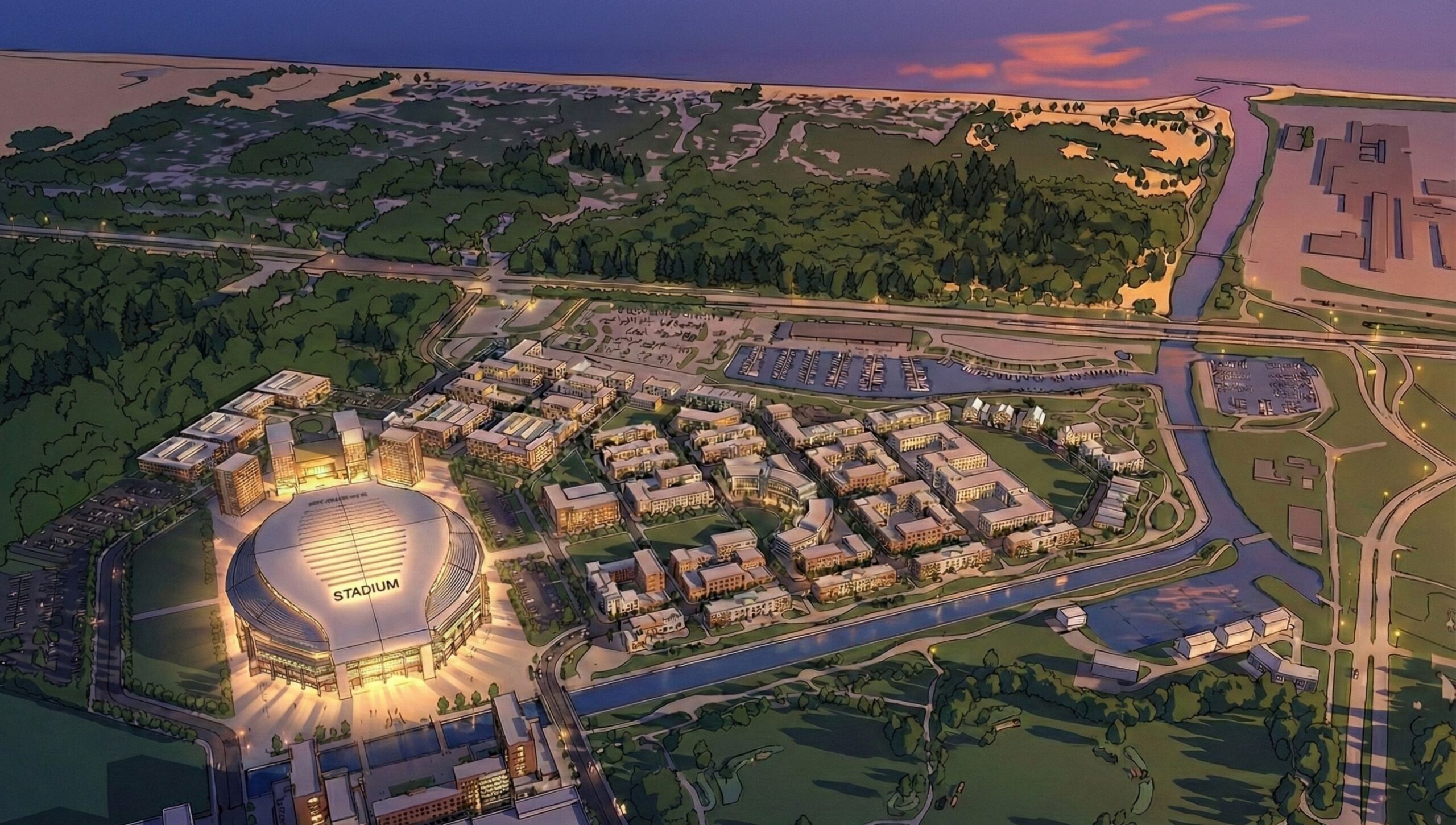 Aerial render of the Halas Harbor stadium proposal